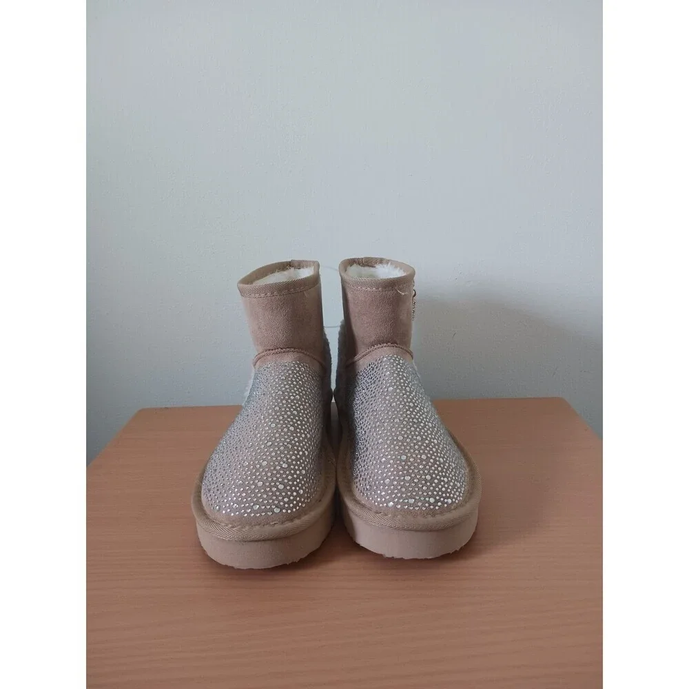 Bebe Faux Fur Winter Boots Rhinestones Fashion Bling Tan‎ Size 7